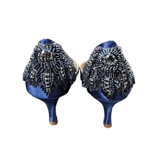 Paradox London Pink Blue Satin Embellished Beaded Peep Toe Heels - Picture 6 of 10